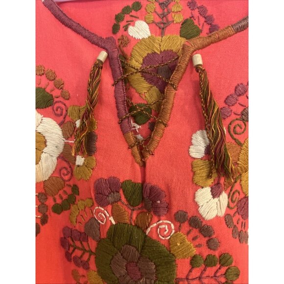 Coral Mexican Handmade Embroidered Blouse Sz M Long Sleeve Open Neck With Ties - Picture 2 of 9